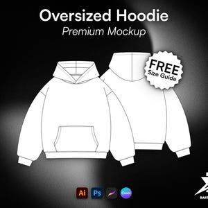 Peut inclure: Un dessin technique de sweat à capuche oversize blanc montrant les vues avant et arrière avec une poche kangourou et une capuche. L'image inclut le texte Oversized Hoodie, Premium Mockup et un graphique en étoile FREE Size Guide avec des icônes.