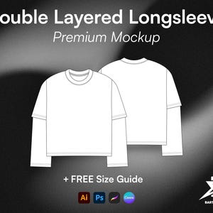 May include: A white double layered longsleeve shirt mockup featuring front and back views with black outlines. The text reads Double Layered Longsleeve Premium Mockup and + FREE Size Guide. Includes icons for Adobe Illustrator, Photoshop, and Canva.