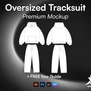 May include: A white line drawing of an oversized tracksuit featuring a hooded sweatshirt with a front pocket and matching pants with a drawstring waist. The text reads Oversized Tracksuit Premium Mockup and + FREE Size Guide with software icons.
