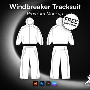 May include: A white windbreaker tracksuit mockup featuring a hooded jacket and matching pants shown from front and back views. The text Windbreaker Tracksuit, Premium Mockup, and FREE Size Guide are visible along with software icons Ai, Ps, and Canva.