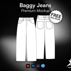 Może przedstawiać: Czarno-biała cyfrowa ilustracja modowa szerokich spodni typu baggy, przedstawiająca widok z przodu i z tyłu. Tekst głosi Baggy Jeans Premium Mockup oraz FREE Size Guide. Projekt zawiera pasek ze szlufkami, kieszenie oraz widoczne przeszycia.