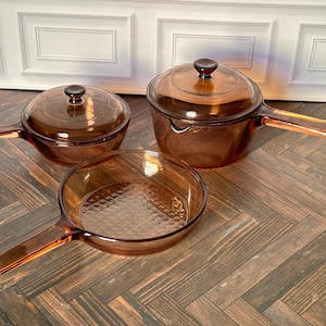 Vintage Corning Visions Amber Cookware Set, 5-Piece Pyrex Lids, Waffle Skillet