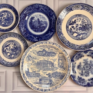 May include: A collection of six ceramic plates featuring blue and white transferware patterns. The designs include traditional willow motifs, floral patterns, and a commemorative plate depicting various landmarks in Roanoke, Virginia.