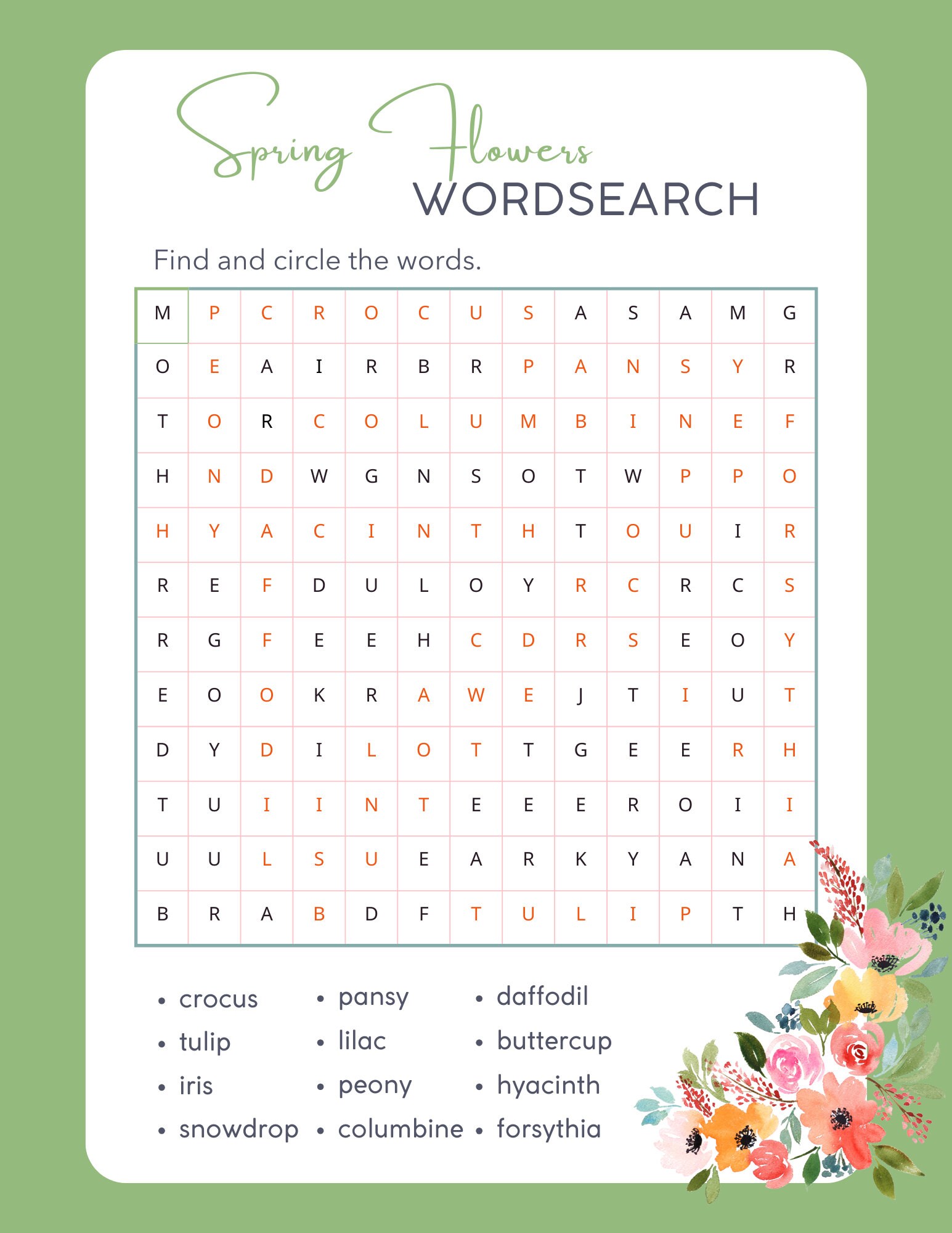 Spring Flower Word Search, Spring Flowers, Word Search, Daffodil, Tulip
