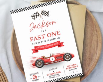 Inbjudan till födelsedagsfesten Fast One, vintage racerbil, redigerbar racingfestinbjudan, 1-årsdag, digital nedladdning