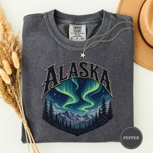 May include: A charcoal gray crewneck t-shirt featuring a graphic of the word ALASKA in a bold font above a landscape of snow-capped mountains, a pine forest, and green aurora borealis lights in a starry night sky. A silver star necklace is included.