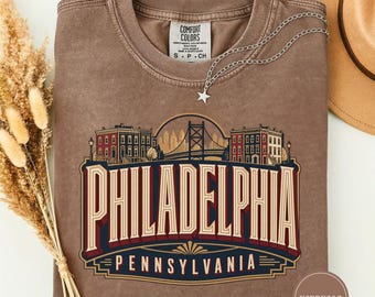 Maglietta di Philadelphia, Pennsylvania, maglietta con logo retrò della città, souvenir con skyline di case a schiera, regalo di viaggio a Philadelphia, arte dello stato della Pennsylvania, arte retrò