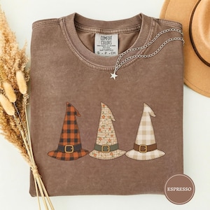 Patchwork Plaid and Floral Witch Hat Trio Tee, Cute Witchy Halloween Shirt, Witch Hat Lover Gift, Cozy Spooky Season Tee, Witchy Tee
