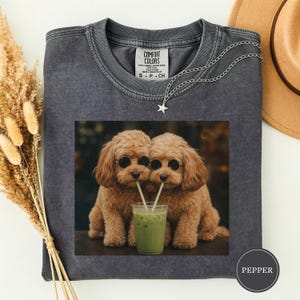 Peut inclure: Un t-shirt à col rond gris anthracite avec une impression graphique de deux chiens au pelage bouclé brun clair portant des lunettes de soleil rondes et partageant une boisson verte avec deux pailles. Étiquette Comfort Colors au col.
