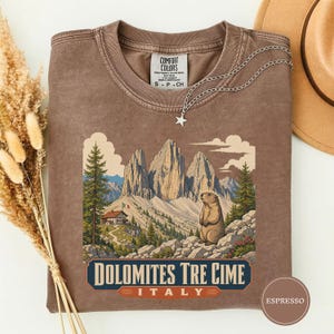 May include: A brown crewneck t-shirt featuring a graphic of the Tre Cime di Lavaredo mountains, a small house with an Italian flag, and a marmot. The text reads DOLOMITES TRE CIME ITALY. A silver star pendant necklace rests on the neckline.