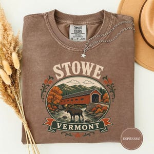 May include: A brown crewneck t-shirt featuring a graphic of a covered bridge, a moose in a stream, and mountains. The text reads STOWE VERMONT. The shirt has a Comfort Colors label at the neck and a silver star pendant necklace resting on the fabric.
