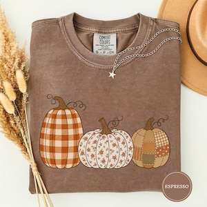 Patterned Pumpkin Trio Tee, Buffalo Check Pumpkin Shirt, Floral Patchwork Autumn Tee, Fall Gift, Cozy Fall Wardrobe Gift Idea