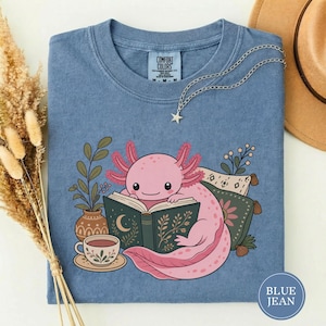 Funny Axolotl Reading Books Tshirt, Cute Bookish Axolotl Lover Gift, Cozy Reading Animal Graphic Shirt, Book Tshirt, Axolotl Apparel