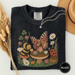 Garden Tea Party Pollinator Shirt, Cute Bee Butterfly Ladybug Scene, Cottagecore Bug Lover Gift, Whimsical Insect Friends Tee