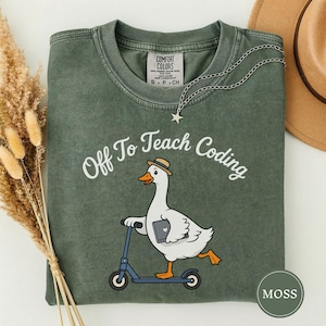 Off To Teach Coding Tee, Cute Computer Teacher Gift, Goose On Scooter Back To School STEM Teacher Shirt, Comfort Colors Teacher Tee