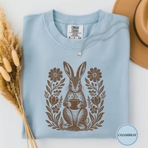 Block Print Hare Holding Coffee Mug Tshirt, Hare Lover Tee, Cottagecore Coffee Gift, Cute Bunny Gift, Linocut Coffee Tee, Coffee Tee
