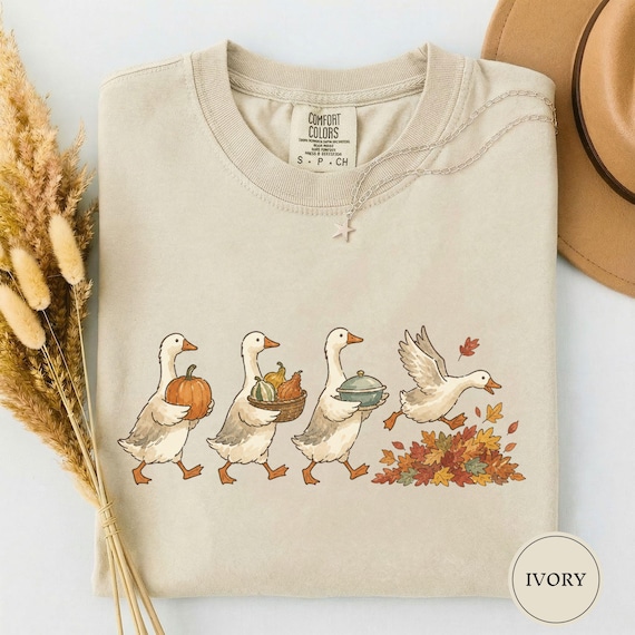 Painted Goose Parade Autumn Tee, Goose Procession Harvest Shirt, Cute Fall Tee, Thanksgiving Gift Idea, Painted Autumn Art Tee