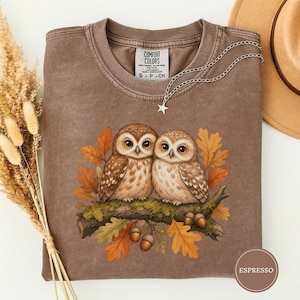 May include: A brown crewneck t-shirt featuring a graphic of two owls perched on a mossy branch surrounded by autumn leaves and acorns. The shirt has a Comfort Colors label at the neck and a silver star pendant necklace resting on the collar.