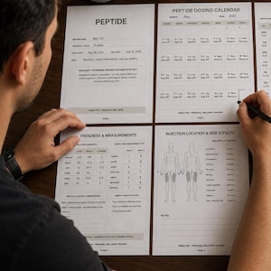 May include: A set of four printed white paper sheets titled Peptide, Peptide Dosing Calendar for May 2025, Progress & Measurements, and Injection Location & Side Effects. The documents feature tables, a human body diagram, and text fields for tracking.