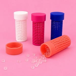 May include: Four cylindrical containers with perforated walls and screw-on caps in white, pink, blue, and orange. The orange container lies on its side with its cap removed, spilling small, clear, spherical beads onto the surface below.