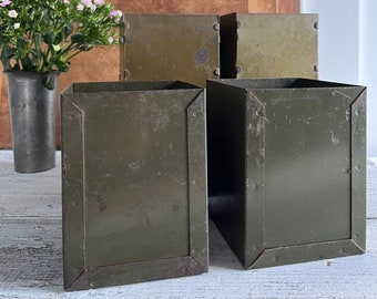 Industrial Military Green Metal Boxes, Small Parts Storage, Garage Studio Workshop, Home Office, Desk Accessory, Art Supplies, Planters