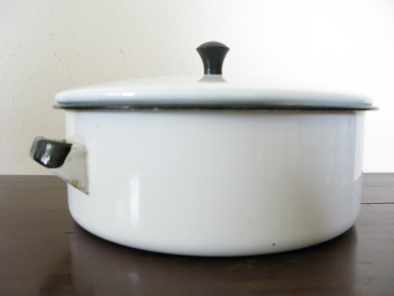 Vintage Enamelware Pot with Lid White Enamel with Black Trim Etsy