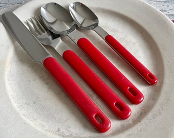 Vintage Red Plastic Northland Flatware Set, Spoons Forks Knives, Service for 12, Tablescape Supplies, Camping Barbeque Picnic