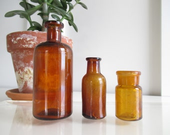 Instant Collection of Three Small Vintage Brown Glass Bottles, Little Flower Vase, Apothecary Jar, Propagation Station, Photography Props
