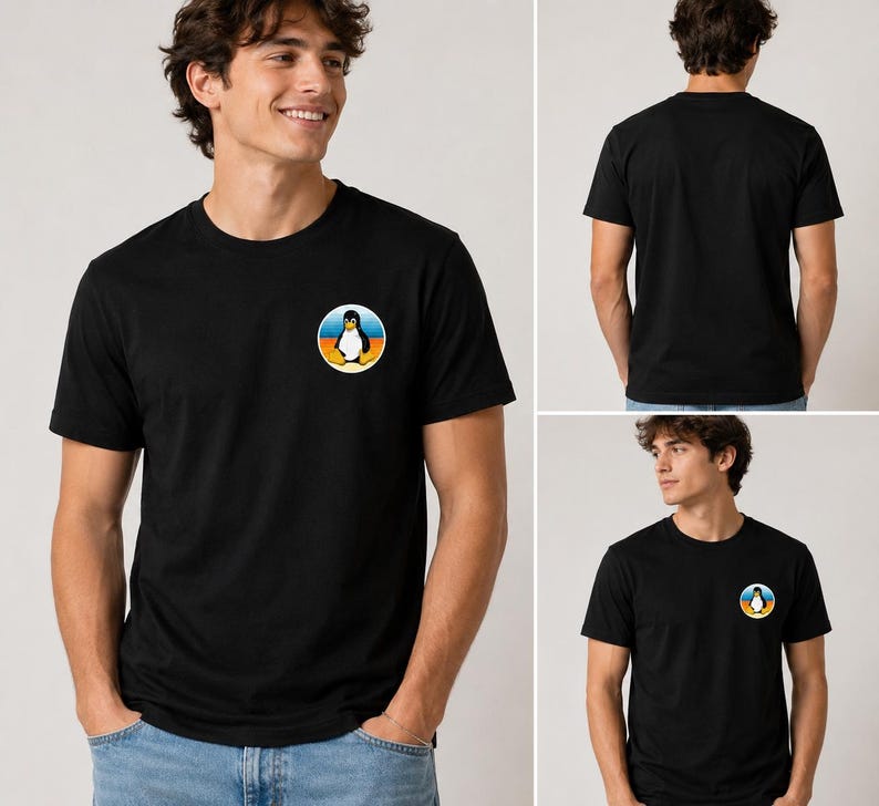 以下が含まれることがあります： 左胸に小さな円形のグラフィックが施された黒の半袖Tシャツ。グラフィックには、黄色いクチバシと足を持つ白黒のペンギンが描かれており、背景には青い空と黄色い地平線がデザインされています。