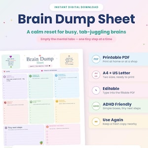 Könnte beinhalten: Ein digitales Brain Dump Sheet Arbeitsblatt mit pastellfarbenen Abschnitten für Aufgaben, Erinnerungen, Sorgen und Ziele. Das Dokument enthält Textüberschriften wie Brain Dump Sheet, Tiny next steps und Important this week, verfügbar in A4.