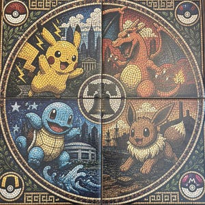 May include: A set of four square tiles arranged to form a large mosaic illustration featuring Pikachu, Charizard, Squirtle, and Eevee. Each character is depicted in a detailed tile-work style with Poké Ball icons in the corners and a central bell.