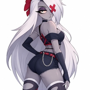 May include: An animated character with long white hair, a red bow, and a red X over one eye. The character wears a black off-shoulder top with red straps, black denim shorts with a red belt and silver chain, black arm warmers, and thigh-high stockings.
