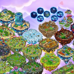 May include: A digital illustration of multiple floating islands suspended in a light purple sky. Each island features distinct terrain, including green forests, icy landscapes, volcanic rock, and desert sands, with small structures and paths.