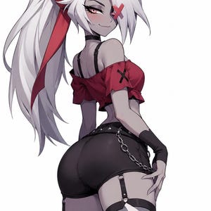 May include: An animated character with long white hair tied with a red bow, wearing a red off-the-shoulder crop top with a black X, black shorts with a silver chain, a black choker, and thigh-high stockings with a white lightning bolt design.