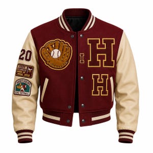 May include: A maroon and cream varsity jacket featuring a baseball glove patch, the letter H, and various embroidered patches on the right sleeve including the text 20, State Champions Division of Baseball 2019, and Rages Wourg Core Seppwal.