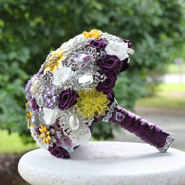 Purple Yellow Wedding Brooch Bouquet. Deposit on a made to order Crystal Heirloom Bridal Broach Bouquet.