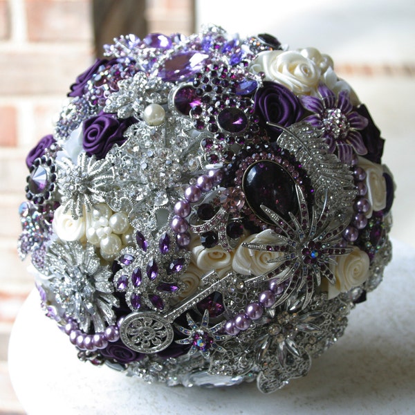 Purple, eggplant and ivory brooch wedding bridal bouquet. Deposit on a made to order bridal bouquet