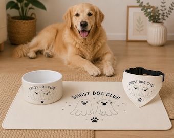 Zestaw misek dla zwierząt Ghost Dog Club | Miska dla psa na Halloween, mata do karmienia i bandana | Spersonalizowana stacja karmienia zwierząt | Prezent dla miłośnika psów