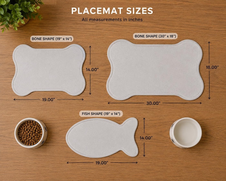 May include: A graphic showing placemat sizes in inches. Two light gray bone-shaped placemats measure 19 by 14 inches and 30 by 18 inches. One light gray fish-shaped placemat measures 19 by 14 inches. Two white bowls are included for scale.