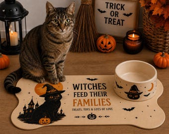 Halloween Pet Bowl Mat Set | Spooky Dog  Cat Feeding Station Cute Black Cat Feeding Mat Fall Pet Bowl |Halloween Pet Gift | Pet Lover Decor