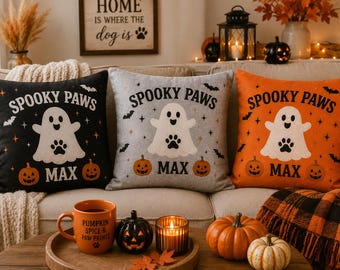 Personalized Halloween Dog/Cat Pillow | Custom Pet Name Throw Pillow | Spooky Paws Ghost Cushion | Dog Lover Halloween Decor