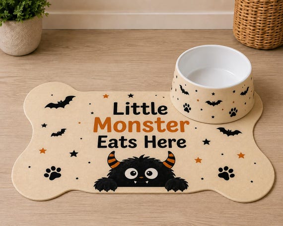 Halloween Pet Bowl  Mat Set | Little Monster Eats Here | Dog & Cat Feeding Mat | Personalized Pet Bowl | Spooky Pet Accessories