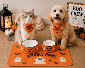Halloween Dog & Cat Feeding Set | Spooky Paws Pet Bowl Feeding Mat  Adjustable Bandana Collar | Orange Pet Dining Set
