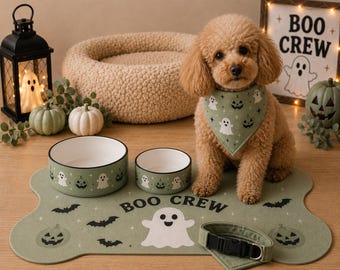 Halloween BOO CREW Dog Feeding Mat Pet Bowl & Bandana Set Pet Dining Set Available in Black Ivory Sage Green Orange