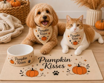 Ensemble tapis de gamelle et bandana pour chien Halloween | Station d'alimentation pour animaux « Bisous de citrouille » | Gamelle personnalisée pour chien | Cadeau pour Corgi | Accessoires d'automne pour animaux