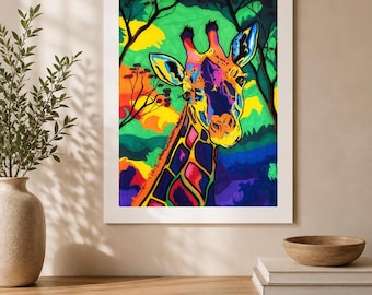 Above the Canopy | Colorful  Giraffe Fine Art Print | Vibrant Wildlife Wall Art, African Animal Decor