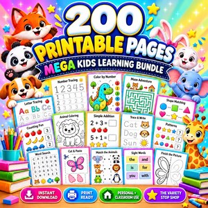 Könnte beinhalten: Ein digitales Lernpaket mit 200 druckbaren Seiten für Kinder. Die Grafik zeigt verschiedene Arbeitsblätter, darunter Zahlen- und Buchstabennachspuren, Malen nach Zahlen, Labyrinthe, Tierausmalbilder, einfache Additionen und Wortsuchrätsel.