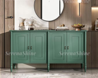 Credenza Sideboard with Adjustable Shelves, 59 Inch Vintage Credenza with Solid Wood Legs and Antique Bronze Handles  Green Buffet Cabinet