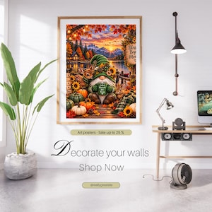 May include: A framed wall art print featuring a gnome wearing a green hat and holding a mug that reads Collect Moments Not Things. The scene includes pumpkins, sunflowers, a deer, a rabbit, and a mountain lake landscape at sunset.