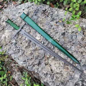 Medieval Knight Dagger - Hand Forged Short Sword - Green Wrapped Handle Dagger with Wooden Scabbard